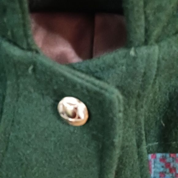 Wool Blend Coat Green Pea  Button Sz Medium Aztec Stitch Front Back - Picture 3 of 9